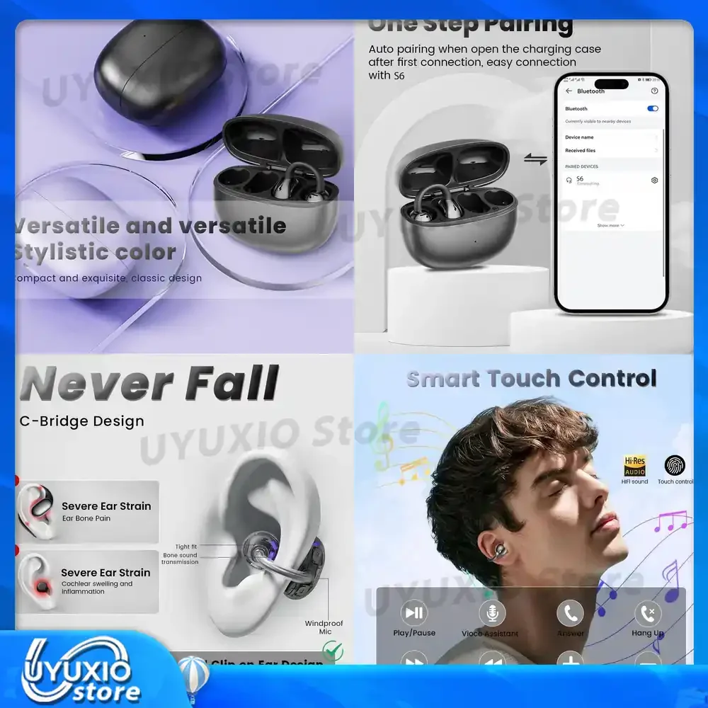 UYUXIO Wireless Earbuds BT 5.4 Clip on OWS Earphone with 72H Play Time XP7 Waterproof Long-Battery Life Over Ear Buds for