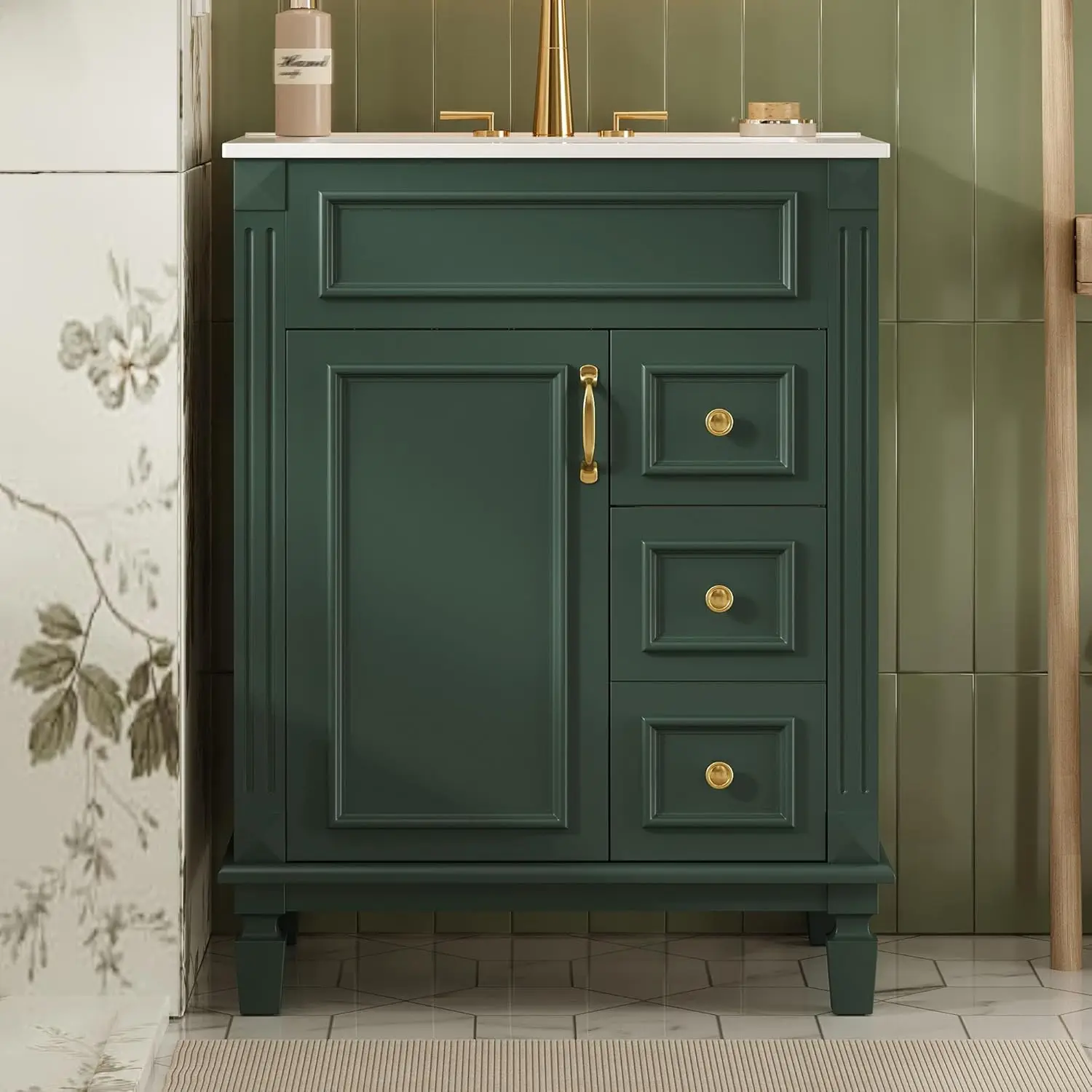 

24in Wood Vanity w/ Ceramic Sink 2 Drawers Adjustable Shelf Freestanding Modern Cabinet Gold Handle Customized
