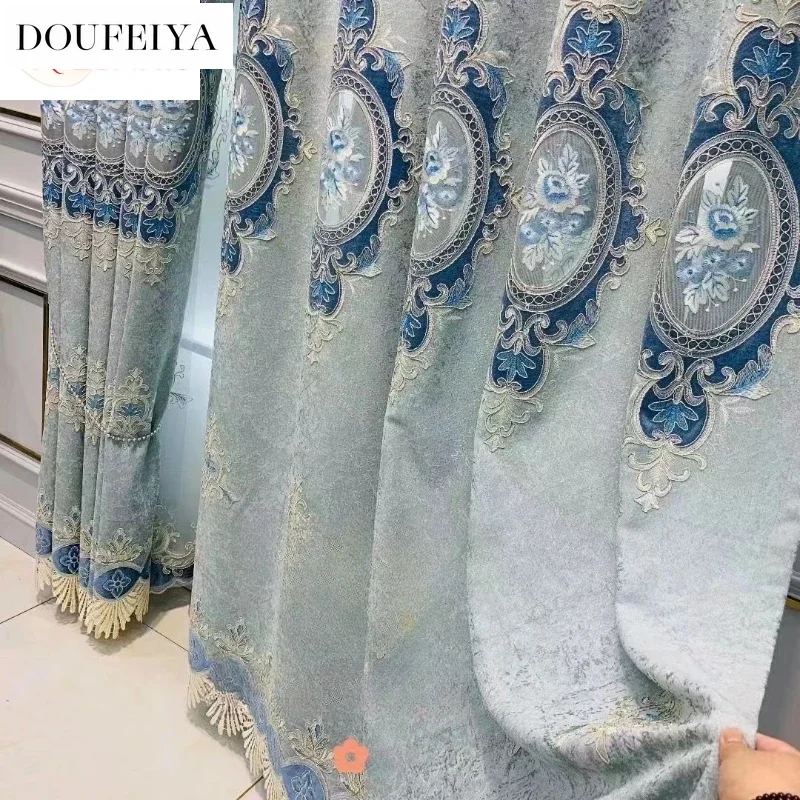 

European Style Hollow Embroidery Luxury Curtains for Living Room Bedroom Dining Window Blackout Tulle Valance Chenille Blue