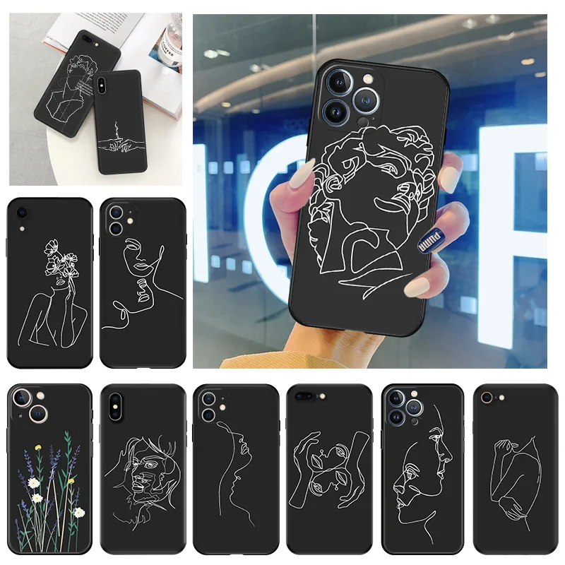 Phone Case For iPhone 11 12 Mini 13 14 15 Pro XS Max X 8 7 6s Plus SE XR Abstracct Flower Girl Line Art Shell Black Cases Cover