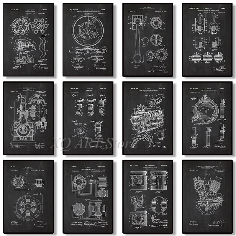 Engine Motor Mechanic Blueprints Posters Picture Vintage Mechanical Enthusiast Wall Art Decor Home Decoration For Living Room
