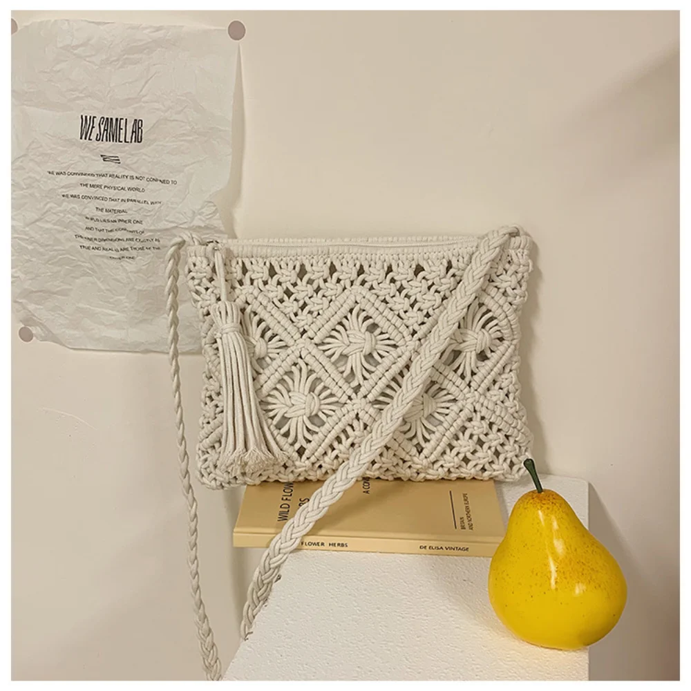 Handmade Cotton Woven Knitted Tassel Crossbody Bag Vintage Shoulder Messenger Bag Female Fashion Beach Summer Handbags for Women