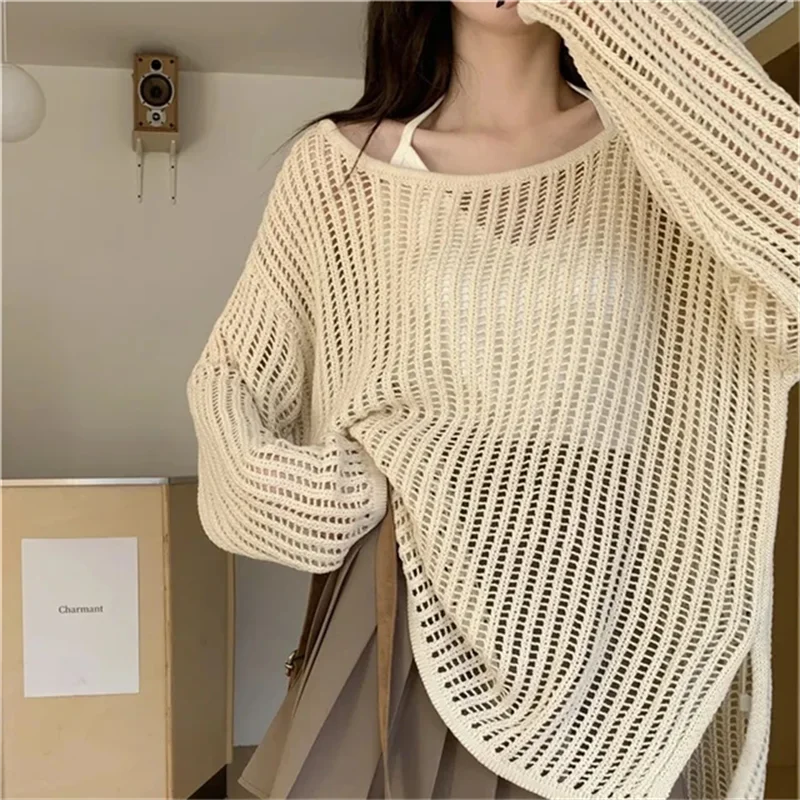 Korean Version Thin Hollow Long Sleeve Knitted Cardigan Women Spring Summer Design Niche Short Tops Loose Sexy