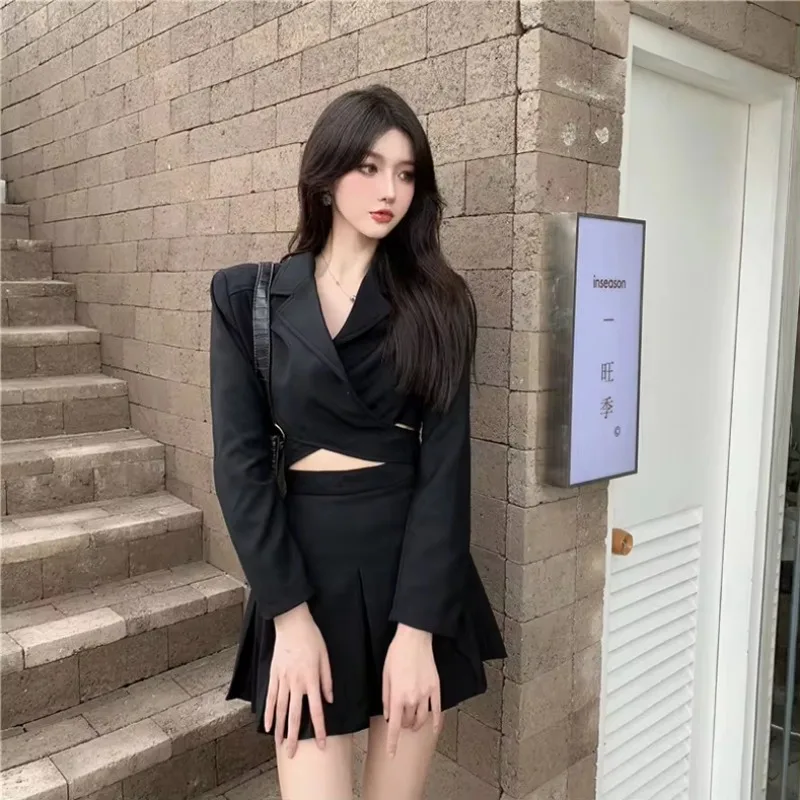 UNXX Skirt Suits Spring Autumn Retro Casual Cross Tie Blazer Pleated Skirt Set Black Short Suit + Mini Skirt Two-piece Set Women