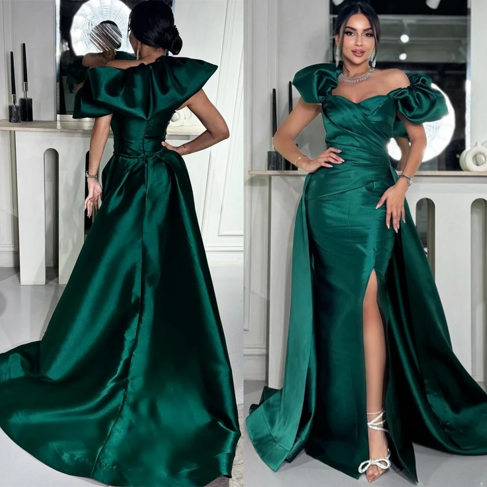 

Customized Luxury Green Satin Evening Dress Exquisite Off the Shoulder Short Sleeves Homecoming Dresses Fashion Party Gowns