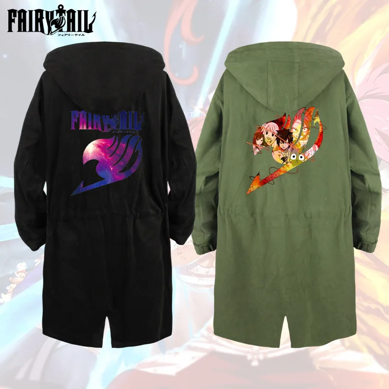 Anime Cartoon Fairy Tail Natsu Long Windbreaker for Men and Women Autumn and Winter New Hooded Mid-Coat Gifts for Friends