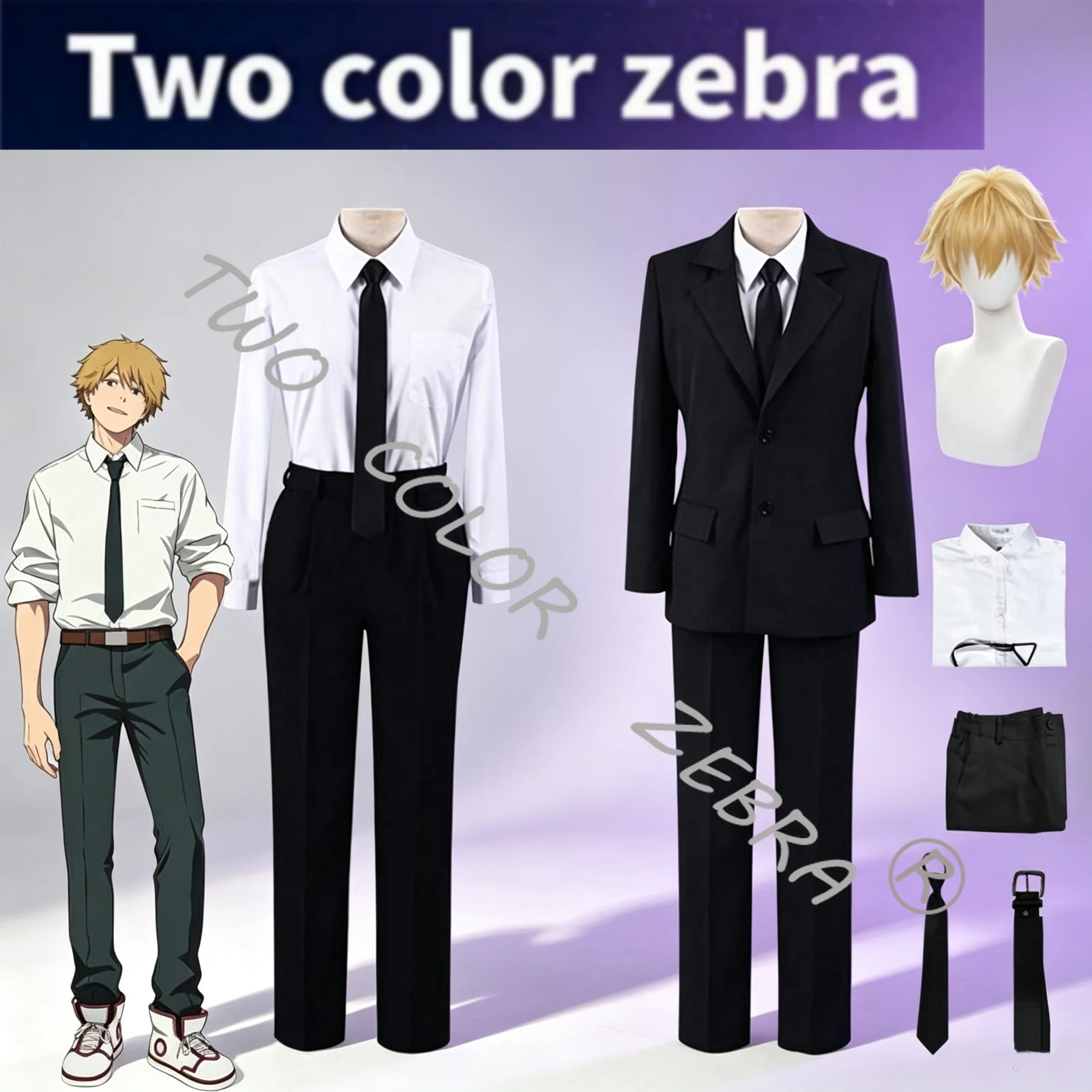 Anime Chainsaw Man Denji Cosplay-Kostüm: Perücke, Hemd, Krawatte, Hose, Mantel, Anzug, Teufelsjäger-Uniform für Herren, Halloween, Comic-Con, Rollenspiel.