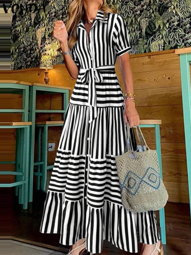 Plus Size Dress 2025 Woman Bohemian Striped Sundress Summer Ruffled Vestidos VONDA Casual Loose Lapel Neck Printing Belt Robe