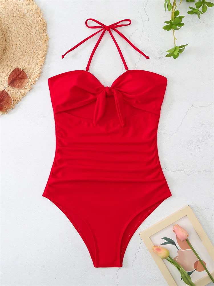 One Piece Women Swimsuit 2023 New Solid Halter Bow Swimwear Push Up Sexy Bodysuit Monikini Summer Beach Wear Bathing Suit Female