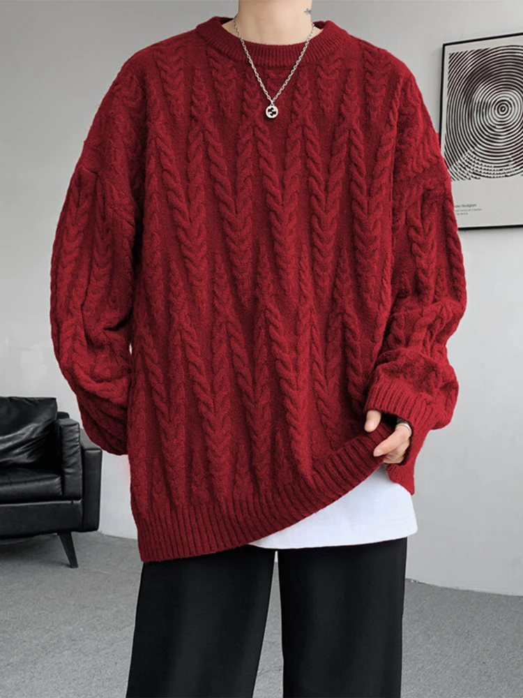 

Red Twist Knit Sweater Men's Winter American Lazy Sle High-End round Ne Knitted irt Trendy Brand Comfortable Fit Long S...
