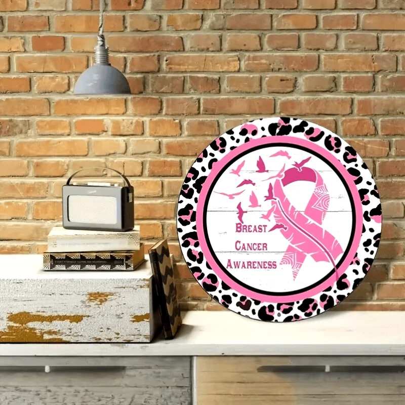 2D Flat, 2D Flat - Round Wooden Plaque, Breast Cancer Awareness, - Perfect for Halloween and Christmas Decorations, Wreath Cente