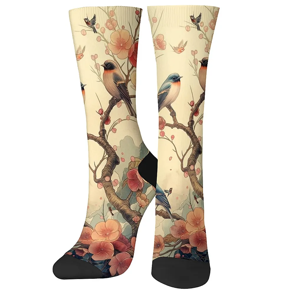 Klassische Vogel-Blumen-Kunst, Retro-Herrensocken, fröhliche, lustige Crew-Socken, weiche, atmungsaktive Kompressionssocken, Freizeit, Sport, Fitness