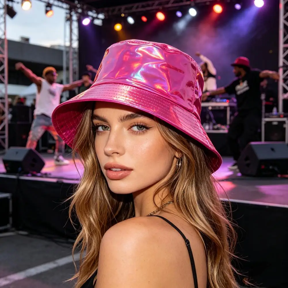 Street Style Hat Waterproof Imitation Leather Bucket Hat Three-dimensional Wide Brim Fisherman Hat Shine Sun for Festival Wear
