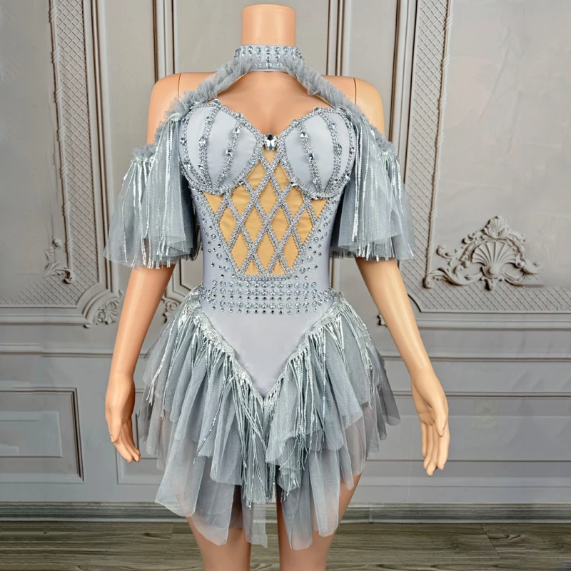 

Silver Rhinestones Fringed Party Dress Women Group Jazz Dance Clothing Stage Performance Outfit Bar DJ DS Festival Dress XS9697