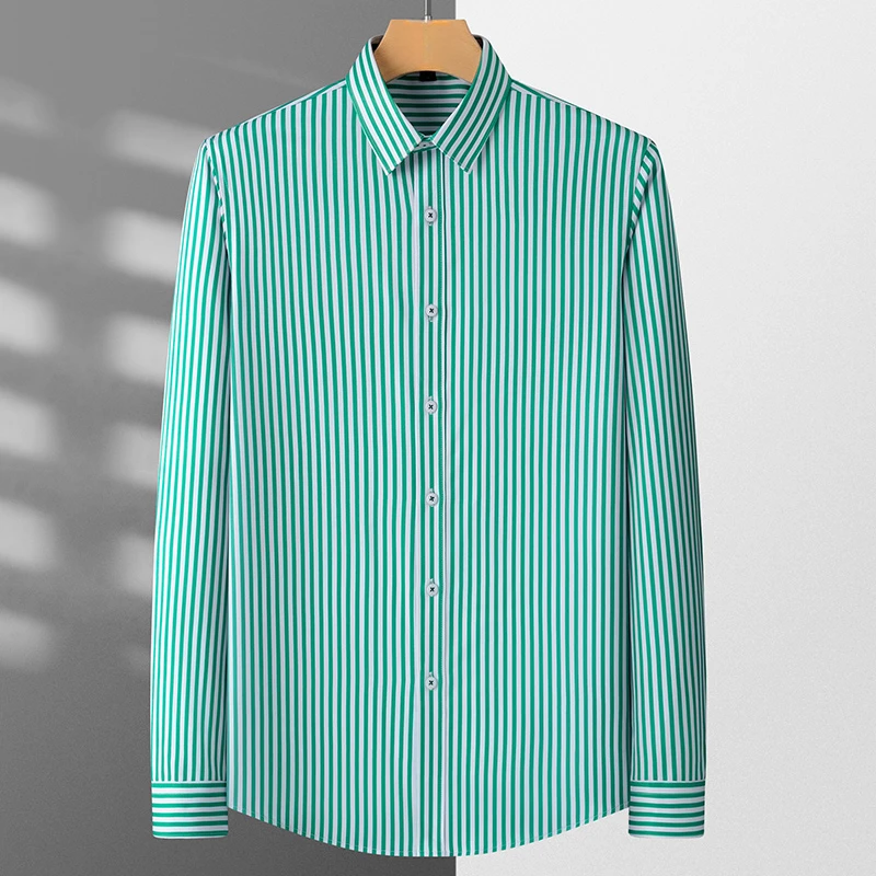 Stretch No Pockets Striped Shirt Men Long Sleeve Slim Fit Soft Cozy Regular Fit Men Shirt Long Sleeve Male Social Formal Shirts