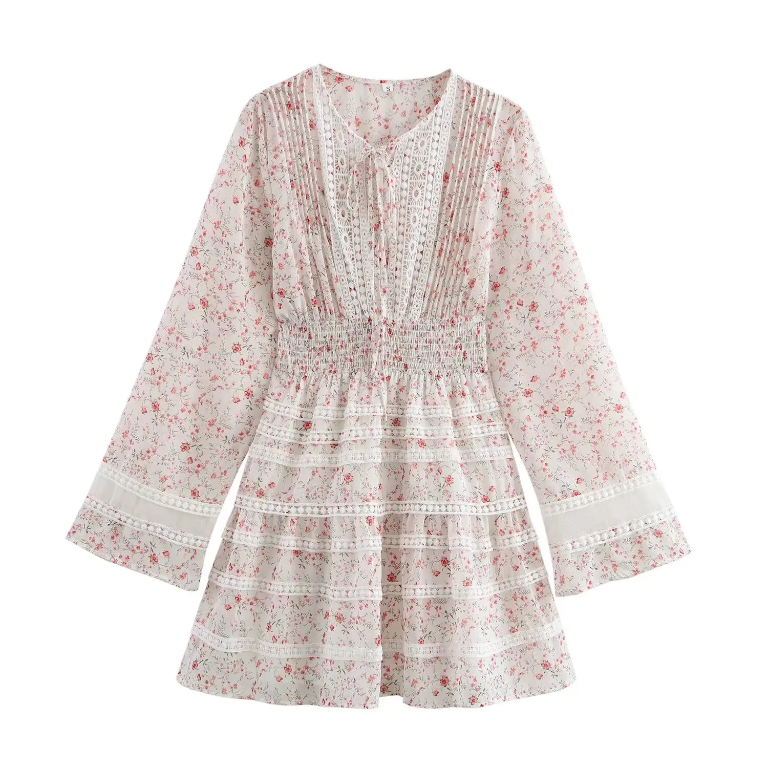 ZAB Faion Kwiatowy Wzór Dr Damski Wiosna Lato Jesień Długi Rękaw Warstwowy Łączony Koronkowy Dr Ele Elegancki