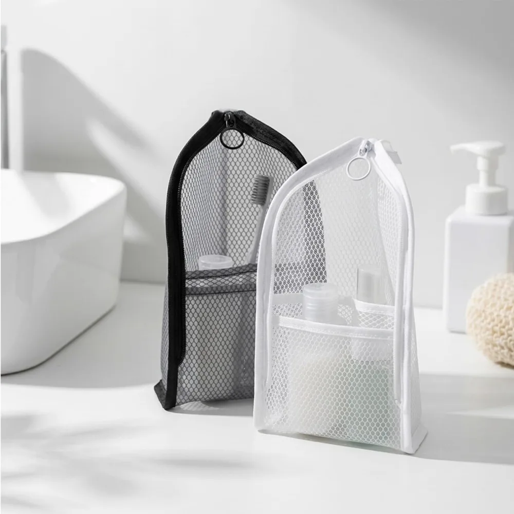 Mesh Toiletry Bag Breathable Quick Dry Stand Up Vertical Toothbrush Holder Cosmetic Makeup Organizer for Travel Gym College Dorm view 4