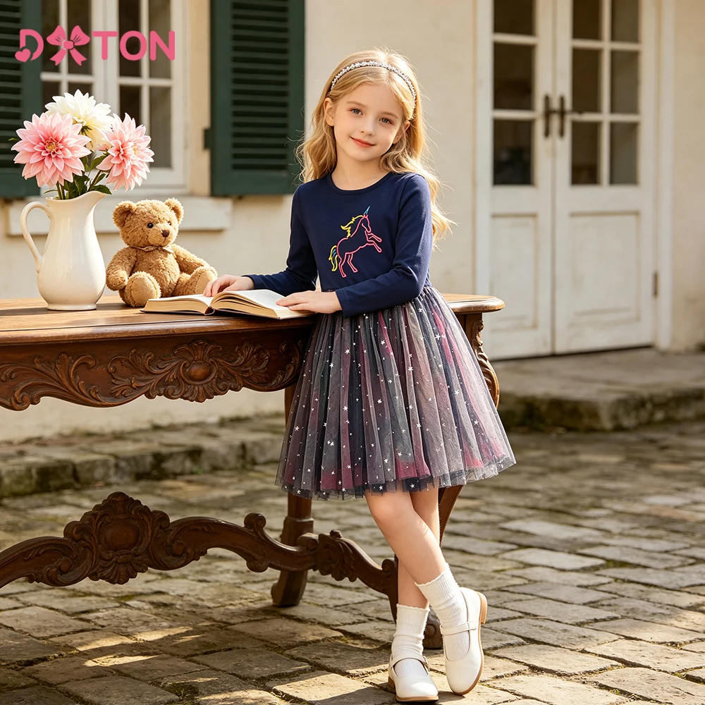 DXTON Kids Dresses Clothes Baby Girls Long Sleeve Casual Dresses Cotton Unicorn Applique Children Wedding Party Gifts Vestidos