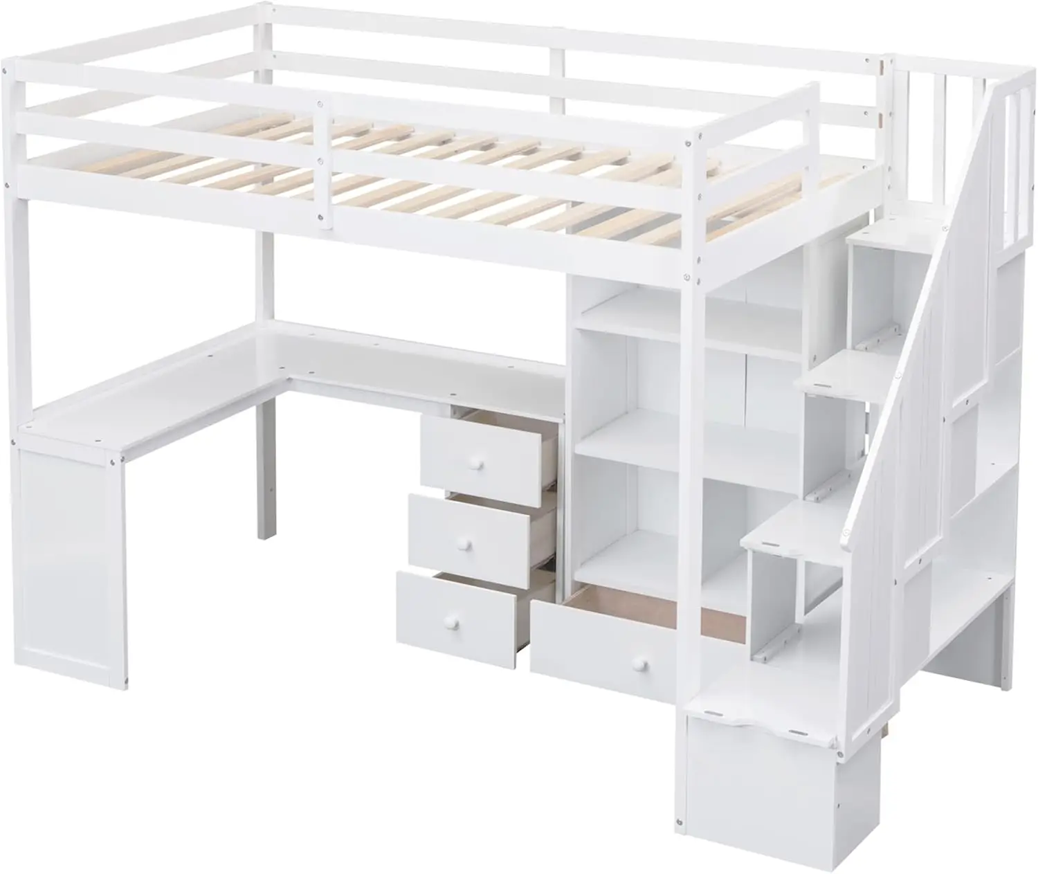 Cama alta de madera tamaño doble, estructura de cama doble multifuncional con escritorio y cajones en forma de L, gabinete y escalera de almacenamiento, blanco