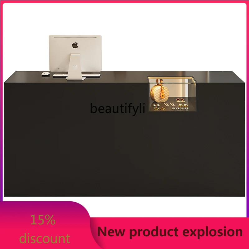 

Black Paint Trendy Store Cashier with Display Cabinet Made of Glass 7-Shaped Clothing Store Small Bar Counter