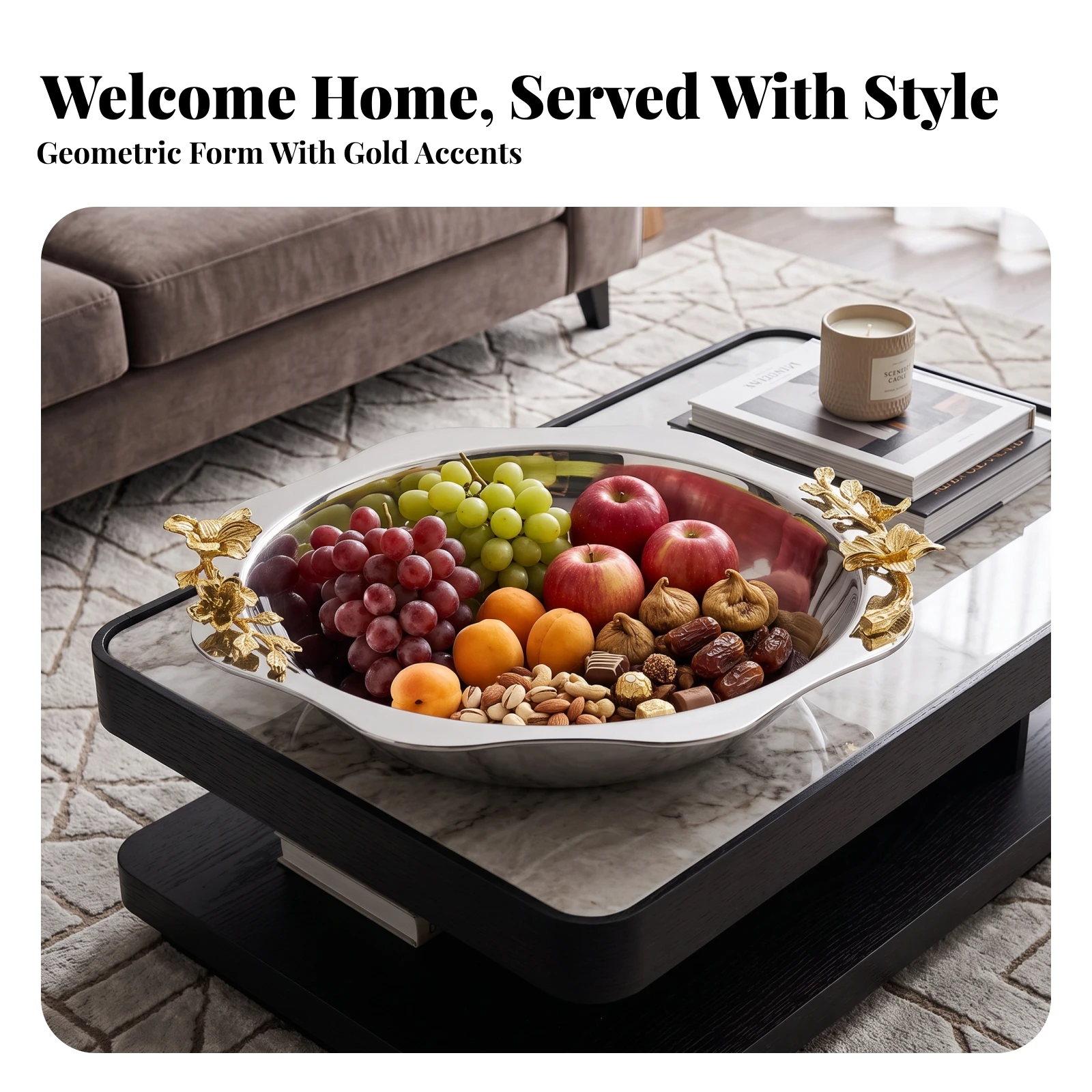 Bar Tray Polished Silver Stainless Steel Tray with Gold Floral Embellishments Metal Fruit Bowl Low-Slung for Display Shelf