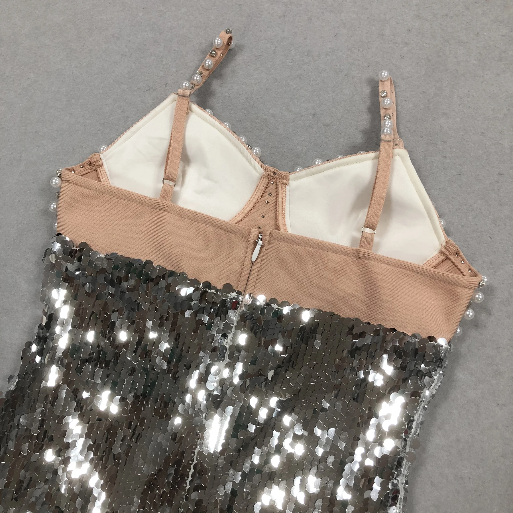 Unique Spaghetti Strap Pearl-Embellished Sequin Mermaid Gown Women's Backless High-waisted Beach Party Evening Gown