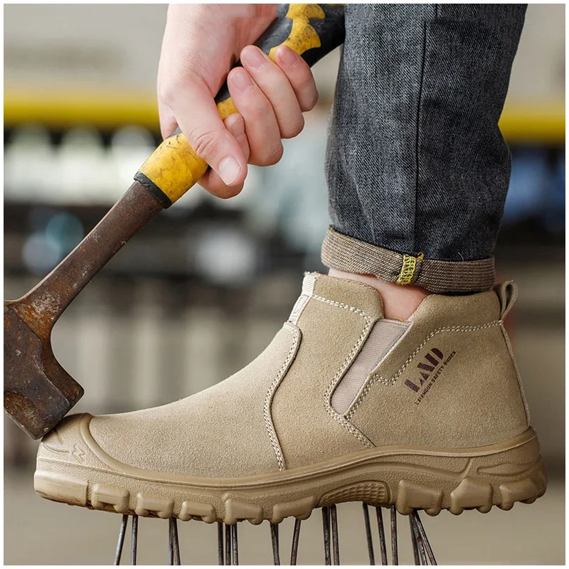 big size men fashion steel toe cap working safety boots cow suede leather welding shoes worker chelsea ankle botas protection