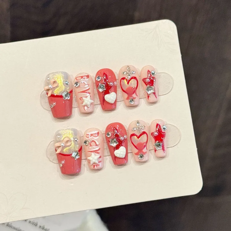 10Pcs Handmade Nail Set Premium Gray Hand-Painted Sweet & Edgy Heart Butterfly Press-On Nails Perfect Gift for Girls and Friends