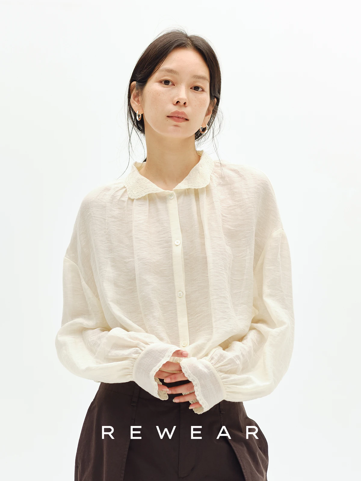 

REWEAR Шелковая матовая льняная блузка с тяжелой вышивкой, романтический силуэт, длинный рукав, женская, свободный крой