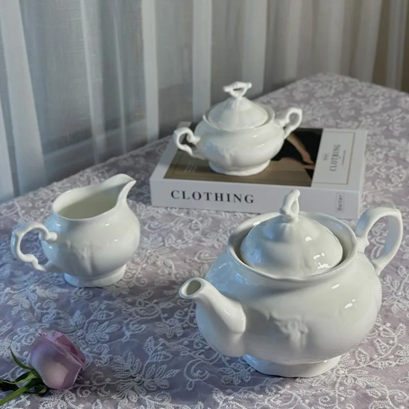 French Retro Relief Coffee Pot Pure White Bone China Teapot Sugar Bowl Milk Jug Ceramic Large Capacity Kettle Home Drinkware