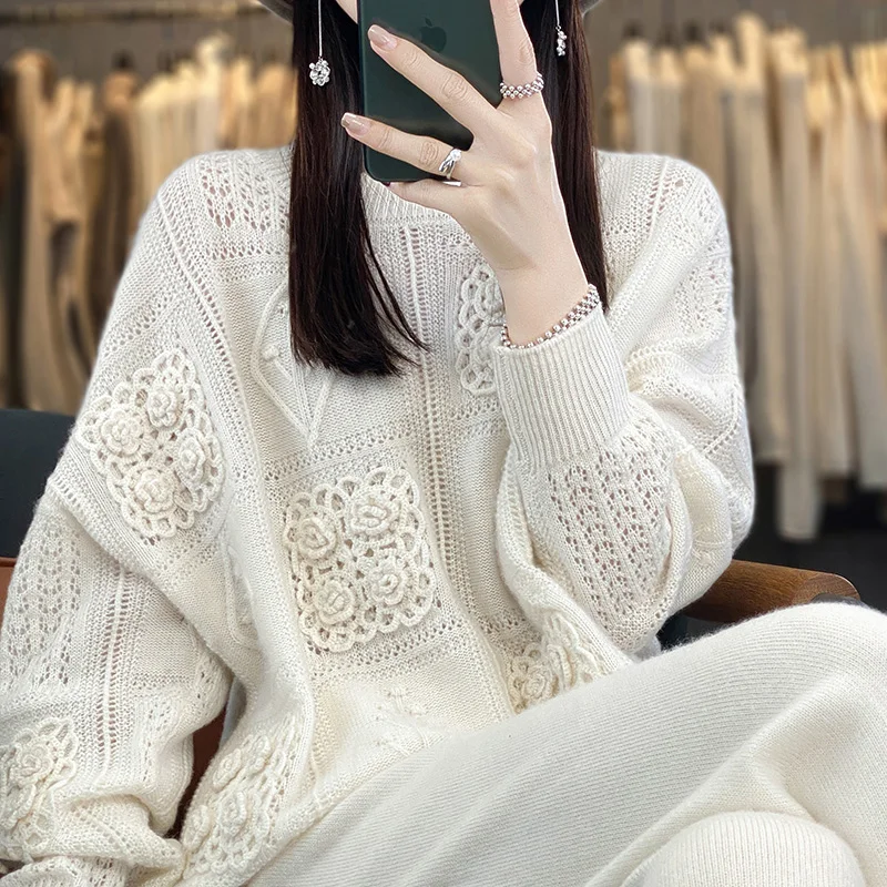 Autumn and winter new 100% sweater women\'s round neck hook openwork sweater loose leisure trend heavy industry sweater