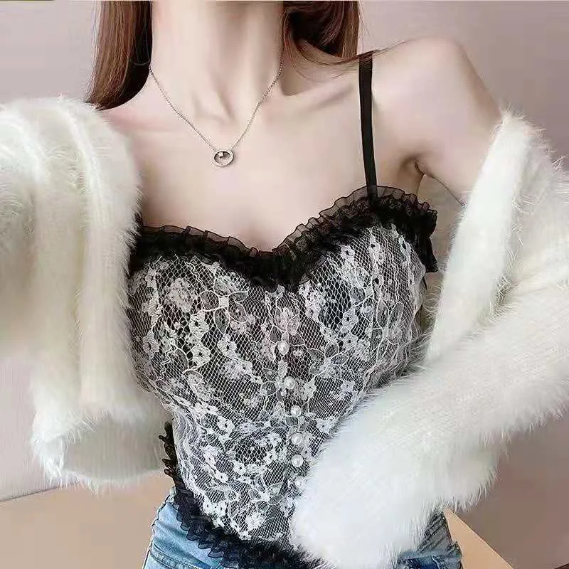 

Sexy Women Lace Camisole Summer French Print Cami Crop Tank Top Fashion Elegant Short Wrap Chest Female Sleeveless Cropped Vest