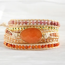 New creative retro national fashion jewelry powder crystal natural stone glass hand-woven 5 row winding bracelet