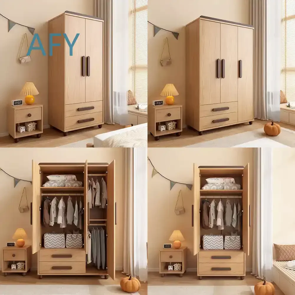 Multilayer Board Wardrobe for Modern Simple Two-Door Three-Door Swing-Open Closet for Small Apartment Bedroom Kids Room