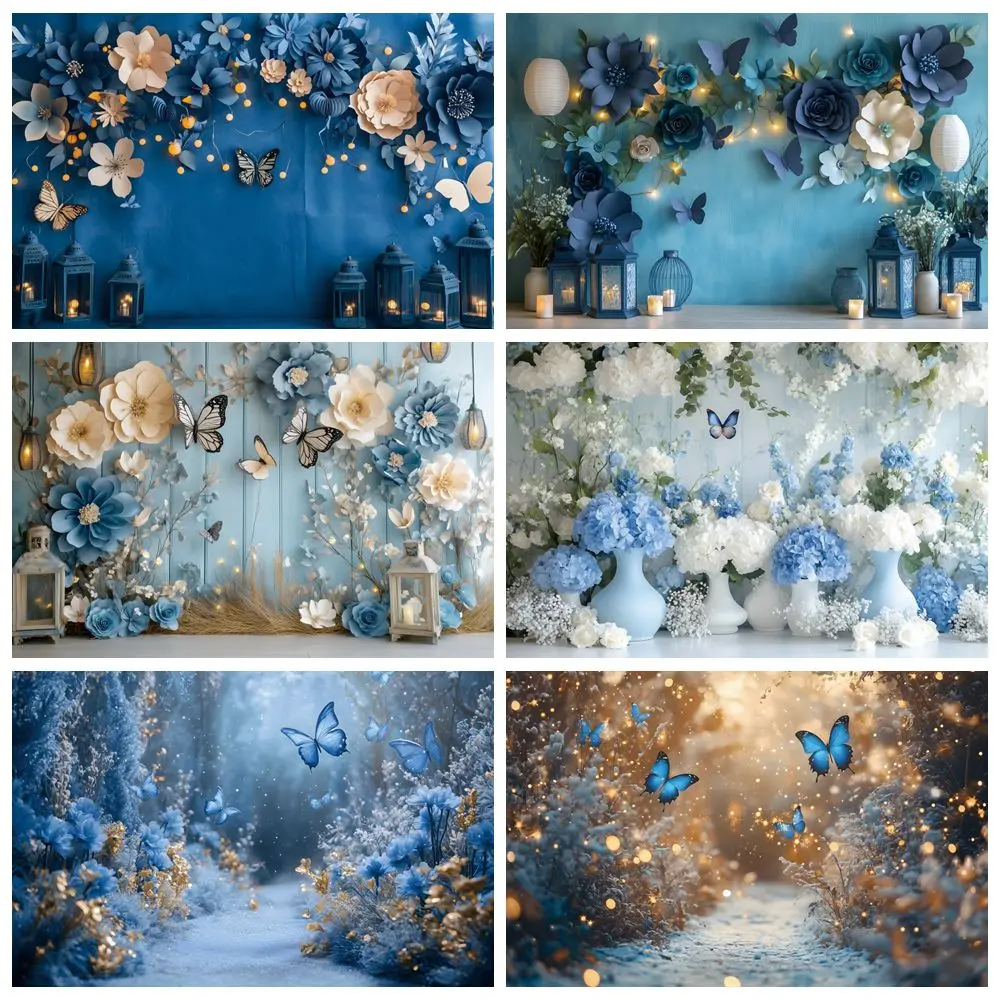 

Blue Gradient Butterfly Fantasy Flowers Backdrop Photography Baby Kids Portrait Wedding Party Decor Background Photo Studio Prop