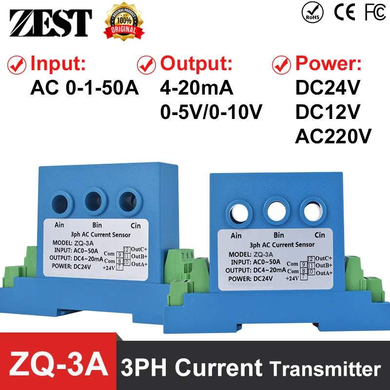 ZQ-3A Three Phase AC 0-50A Current Transmitter 4-20mA 0-5/10V analog Output RS485 Relay Current Transducer