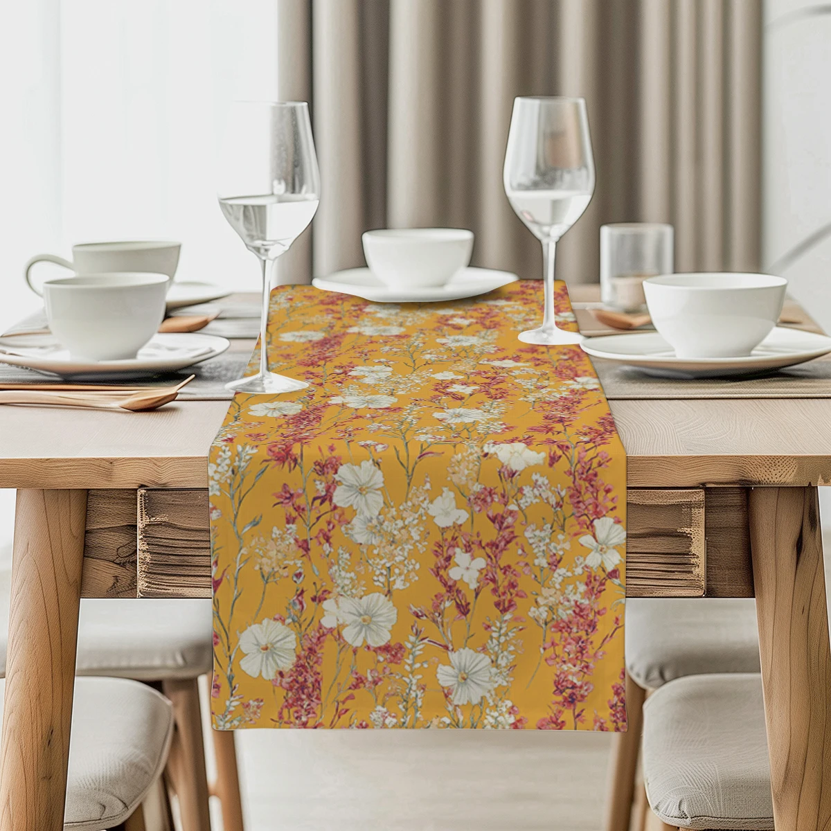 Plants Wildflowers Flowers Table Runner Polyester Table Runners for Dining Room Cottagecore Polyester Table