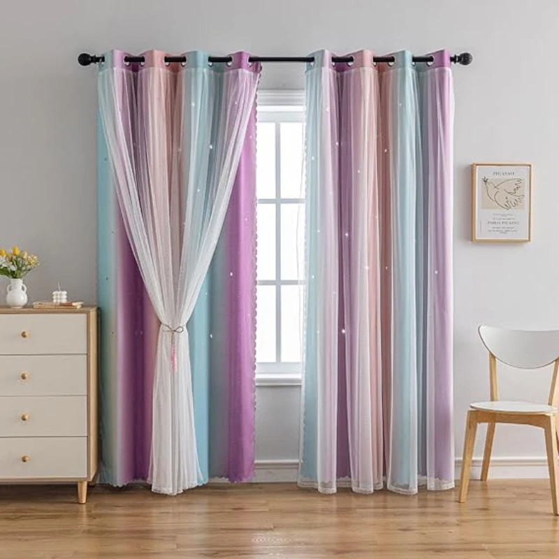 Curtains For Living Room Bedroom Double Layers Sheer Rainbow Colorful Princess Home Decoration Drapes