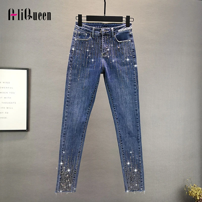 

Women Vintage Streetwear Slim High Waisted Strench Diamonds Jeans Woman Casual Elastic Pencil Denim Pants Trousers Mom Jeans