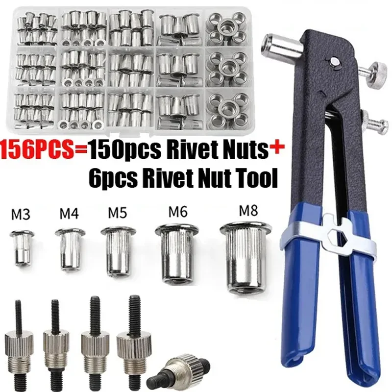 

150PCS Stainless Steel Rivet Nuts Kit M3/M4/M5/M6/M8 +1PCS Rivet Nut Gun+5PCS Nut Rivet Flatheadscrew Crimp Plier Repair Tools