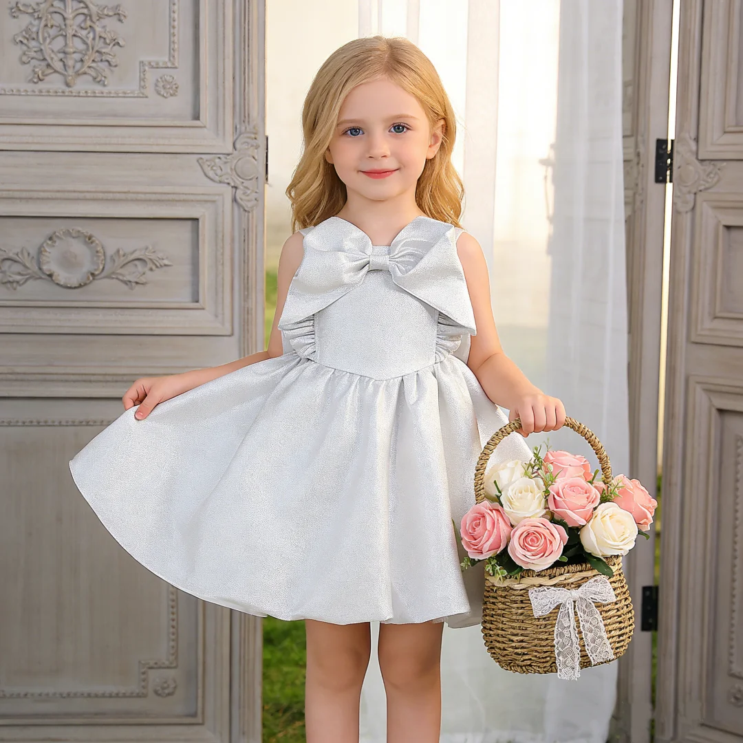 

Элегантное платье-сарафан для малышей с бантом, серебристое, для вечеринок, крещений, дней рождения, свадеб, выпускных, костюм принцессы для девочек, платье подружки невесты