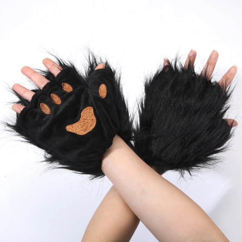 Cute Plush Half‑Finger Paw Gloves Furry Cat Claw Design Gloves Halloween Party Themed Fashion Decorative Costume Accessories
