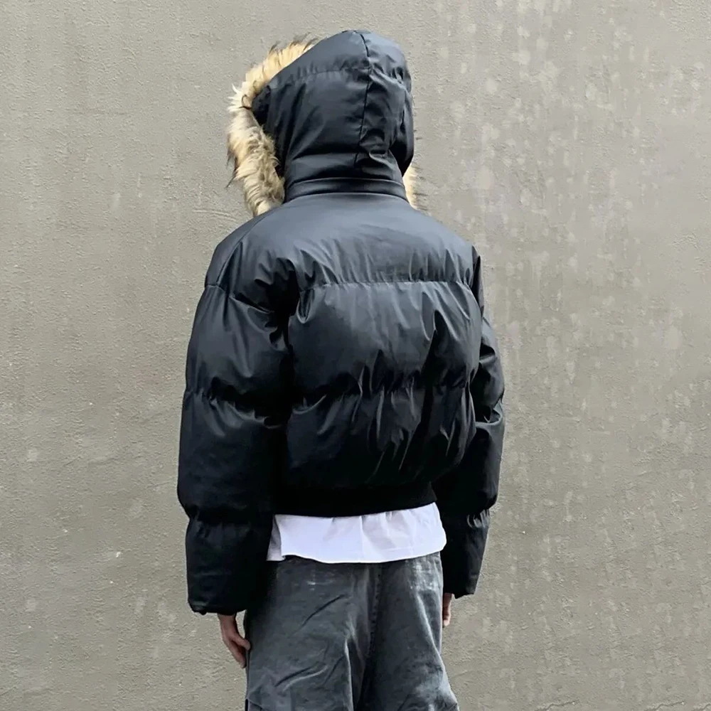 

Mens Fashion Trend Hooded Fur Collar Cotton Coat Autumn And Winter Advanced American Street Thickened Coat Short Jacket Men