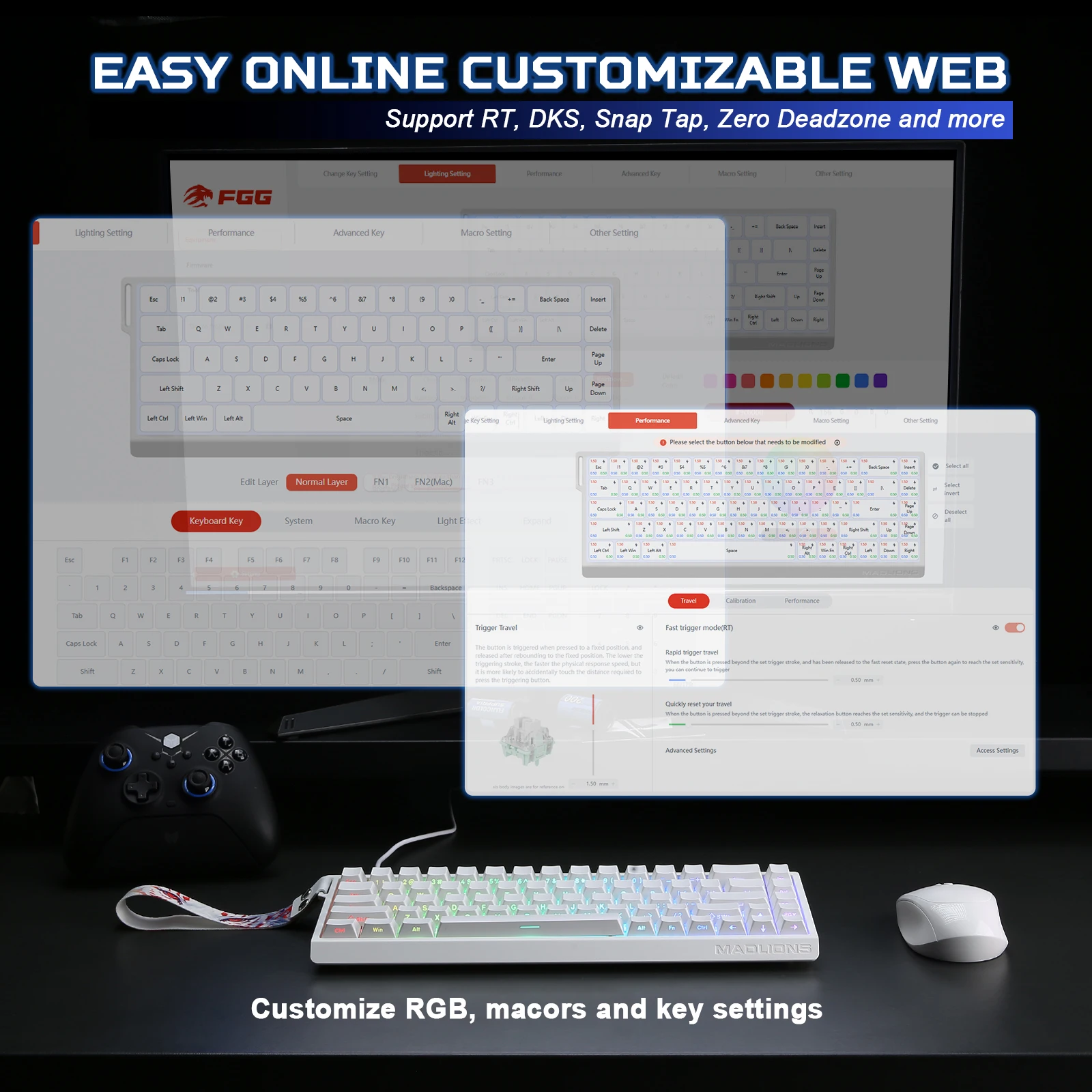 YUNZII x MADLIONS MAD68 HE لوحة مفاتيح مغناطيسية للألعاب باللون الأبيض السريع، لوحة مفاتيح سلكية بنسبة 65% بتأثير القاعة 8K، تشغيل قابل للتعديل