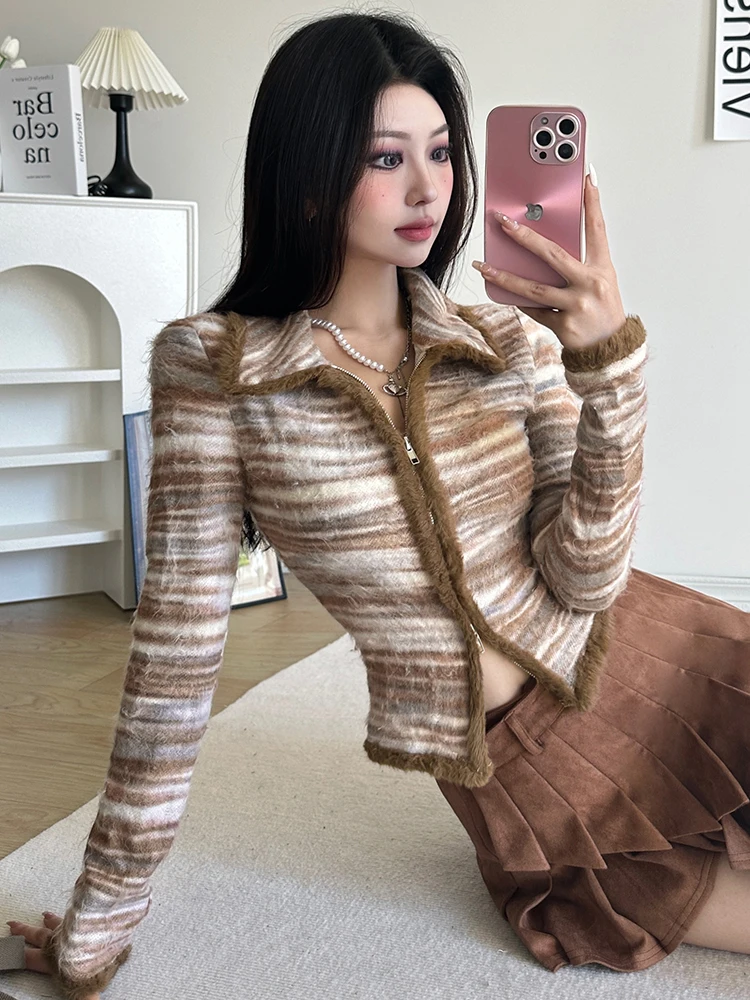 Rockmore Striped Knit Sweater Cardigan Y2K High Street Women Autumn Turn-down Collar Zipper Sweaters Coat Female Casual Korean