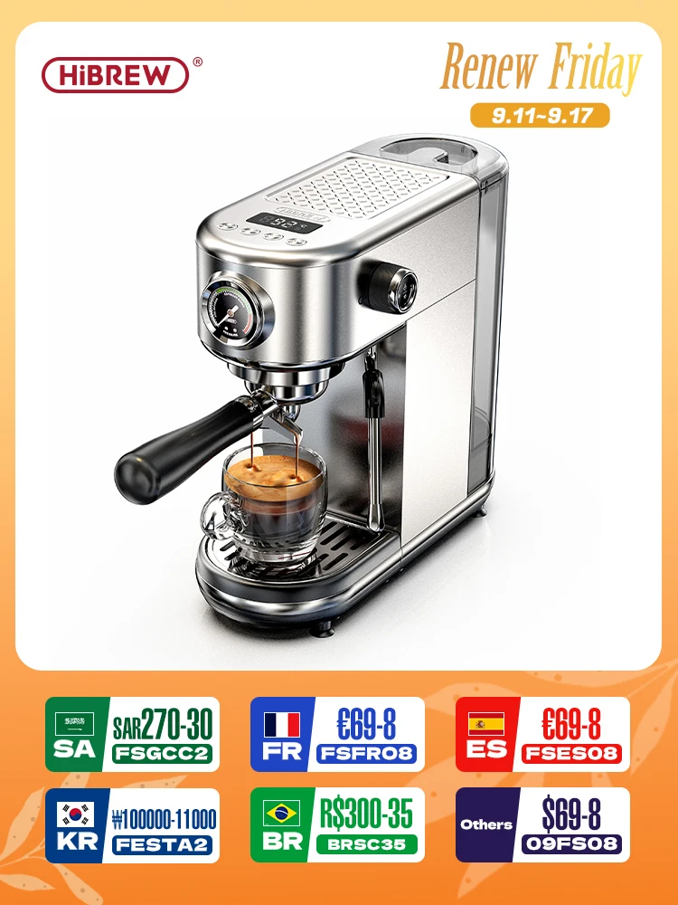 

HiBREW 20Bar Semi Automatic Espresso Coffee Machine Temperature Adjustable Cold/Hot Super Slim Coffee Maker Cappuccino H10B