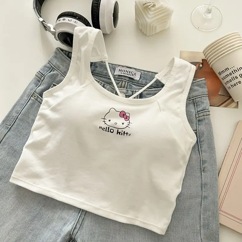 Kawaii HelloKitty Vest Anime Y2k Sleeveless Cartoon Soft Slim Fit Short Upper Garment White Cute Student Girls Gift Clothes