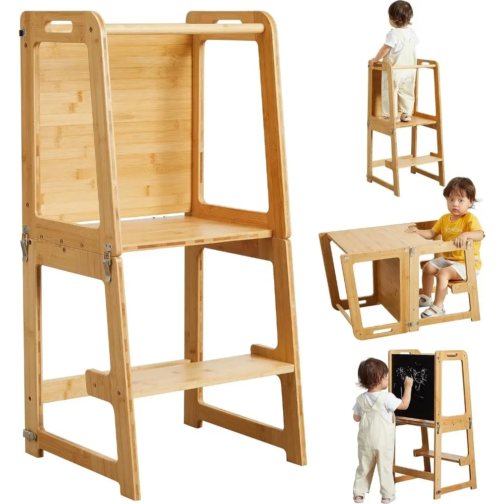 

4-in-1 Standing Tower for Toddlers and Kids 1-6 Years, Bamboo Kitchen Learning Helper Stool with Chalkboard, Desk Table