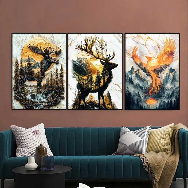 Abstract Jungle Animals Avatars of Nature Mountain Poster Deer Wolf Tiger Lion Owl Canvas Painting Wall Art for Room Home Decor