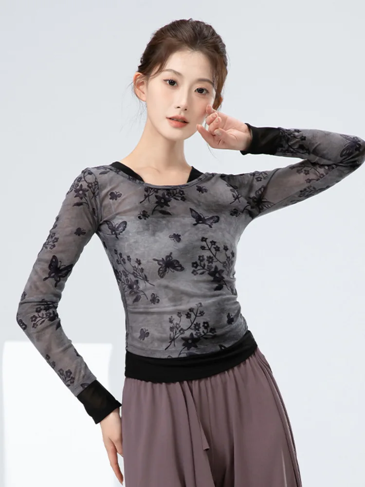 Top da ballo slim fit a maniche lunghe in rete con collo quadrato tie-dye – Camicia moderna per spettacoli teatrali con pannelli trasparenti da donna